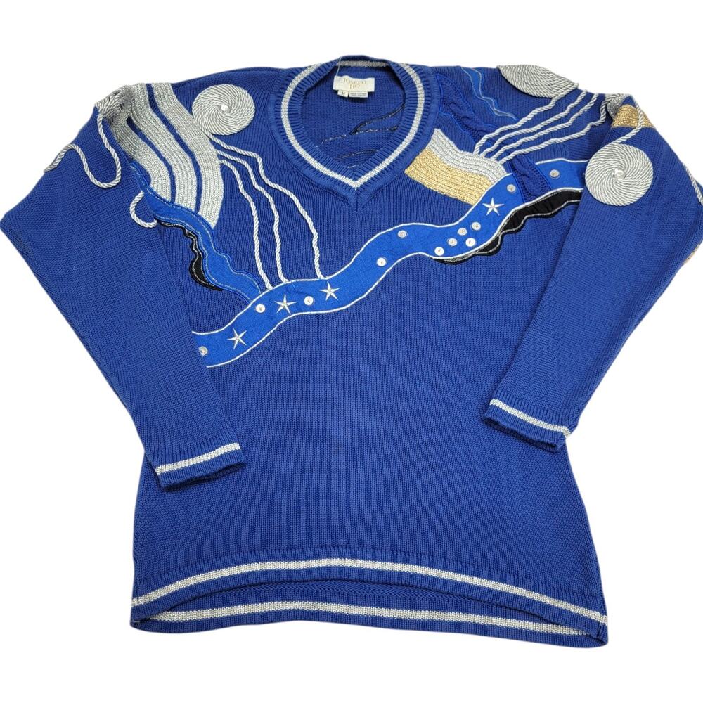 Vintage Joseph Ho Sweater Medium Blue Novelty Embellished 80s 90s Art